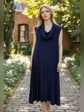 Womens navy blue Color Bear medium dress cowl neck sleeveless Casual